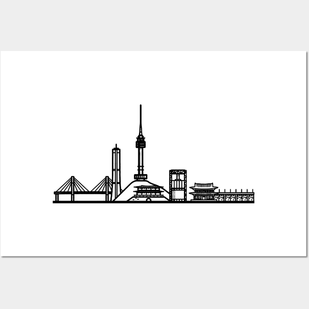 Seoul Skyline in black with details Wall Art by Mesyo